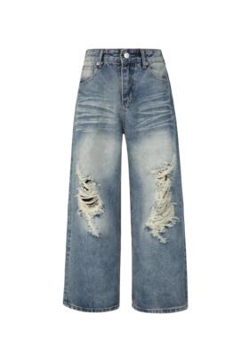 MAOQIAOYI 春秋美式设计感破洞磨毛牛仔裤水洗做旧宽松小众阔腿裤