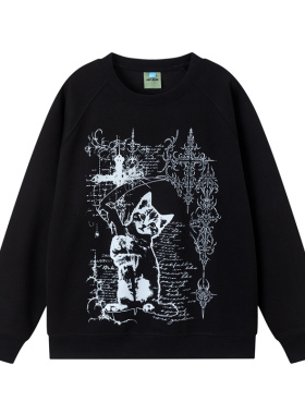 NEPLEURE 2025秋季新款复古涂鸦猫咪印花卫衣宽松休闲百搭上衣