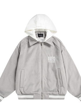 MAOQIAOYI  秋冬加绒假两件小众宽松连帽棒球服街头百搭宽松外套