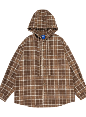 MAG 春秋季潮牌高街感慵懒开衫美式复古格子长袖连帽情侣百搭衬衫