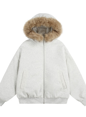 MAOQIAOYI 美式复古毛领连帽棉服秋冬潮牌情侣黑灰双色宽松夹克