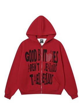 TAELE PLUS 秋季美式涂鸦字母烫钻开衫卫衣复古印花连帽宽松外套