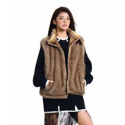 N-52TRW 冬季加绒加厚复古格纹双面穿马甲毛茸茸情侣保暖宽松外套