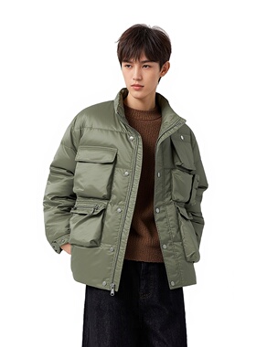 PLANETMUSIC 2025冬季新款多口袋立领休闲羽绒服复古宽松工装外套