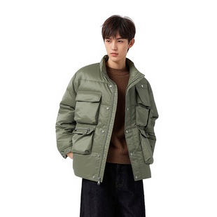 PLANETMUSIC 2025冬季新款多口袋立领休闲羽绒服复古宽松工装外套