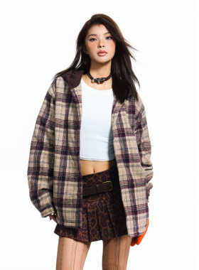 N-52TRW 美式复古格子拼接连帽情侣棉衣冬季保暖百搭休闲宽松外套