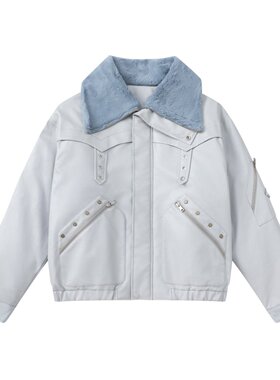 NEPLEURE 冬季美式复古大翻领PU皮拼接棉衣加厚宽松防风保暖外套