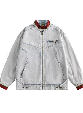 Beast Street潮牌2023春秋新款立领美式宽松夹克复古拼接牛仔外套