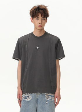 TAELE PLUS 夏季宽松撞色边缘缝线外置设计感百搭情侣街头短袖T恤