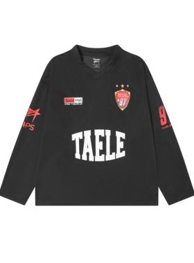 TAELE PLUS 春季复古字母印花V领套头T恤美式运动长袖T恤宽松球衣