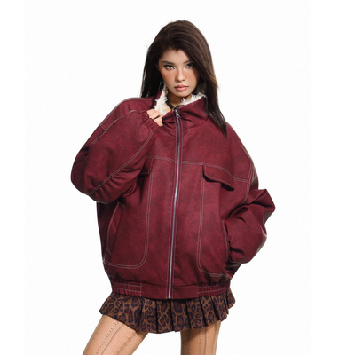 N-52TRW 美式复古加厚毛绒棉服冬季保暖立领PU皮休闲宽松百搭外套