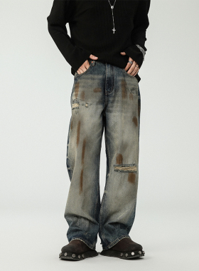 BLACK ARMADA春秋黄泥染直筒牛仔裤个性割破宽松脏脏阔腿休闲长裤