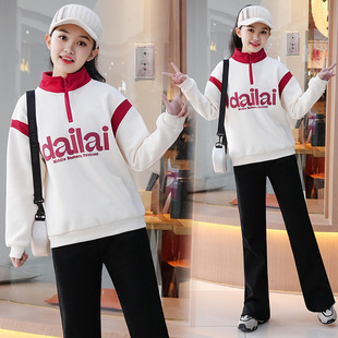 女童卫衣加绒冬款2025新款初高中生加绒衣服女童冬装时髦立领上衣