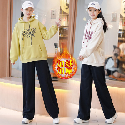 学生保暖连帽卫衣加绒裤套装
