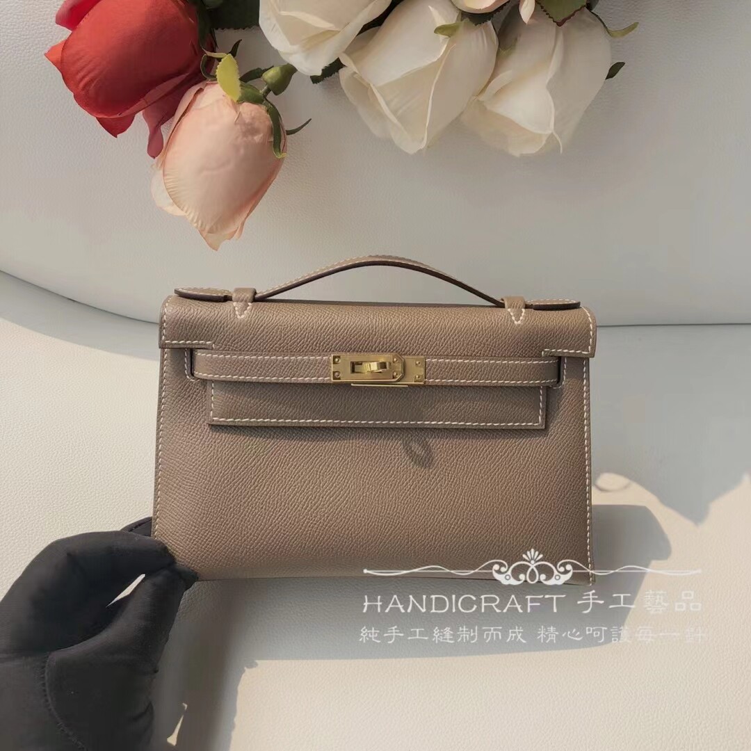 VIP总监全手工定制女包mini凯莉手包22一代Epsom手掌纹 C18大象灰