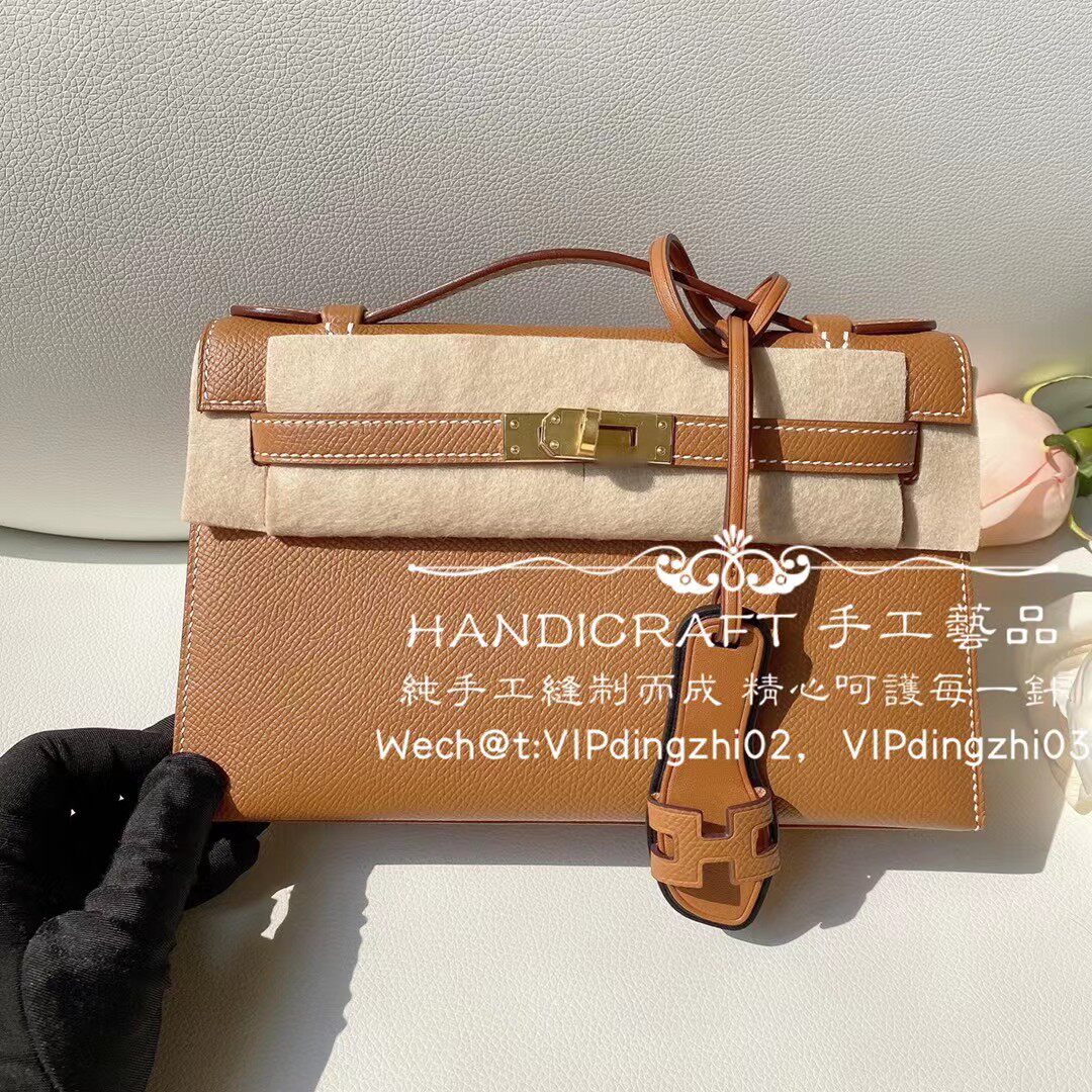 VIP总监纯全手工蜡线缝制女包epsom掌纹牛皮mini凯莉一代22金棕色