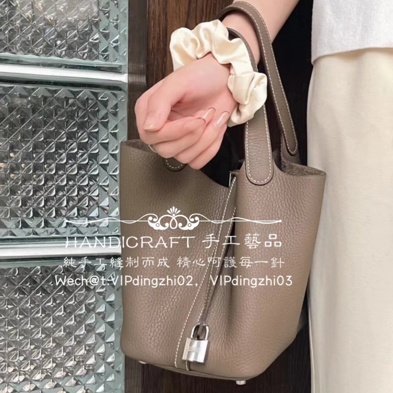 VIP总监纯手工蜡线全手缝TC牛皮真皮手提大象灰18/22菜篮子水桶包