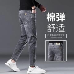 高端九分裤牛仔裤男士烟灰色秋冬款修身小脚冬季加绒休闲男款裤子