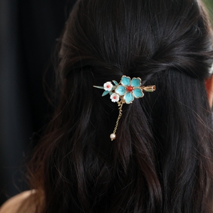 烧蓝花朵流苏发夹盘发旗袍侧耳夹子古风女高级感国风头饰