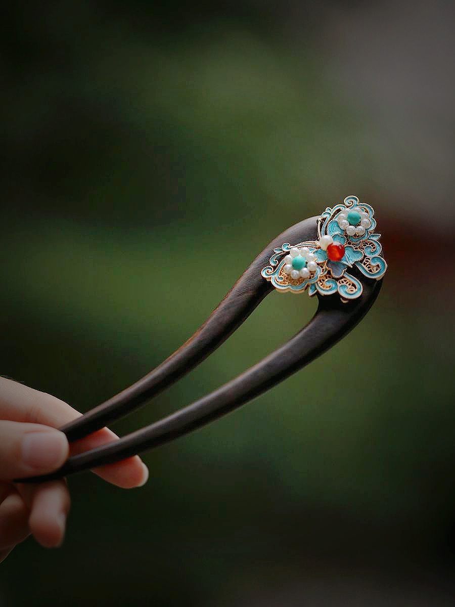 新中式蝴蝶U型珍珠盘发发簪