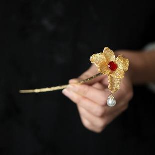 新中式发簪女金色花朵珍珠流苏旗袍簪子配饰马面裙头饰