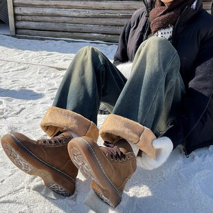 男款秋冬加绒牛仔裤拼接微喇长筒裤水洗牛仔棉渐变长筒加绒裤保暖