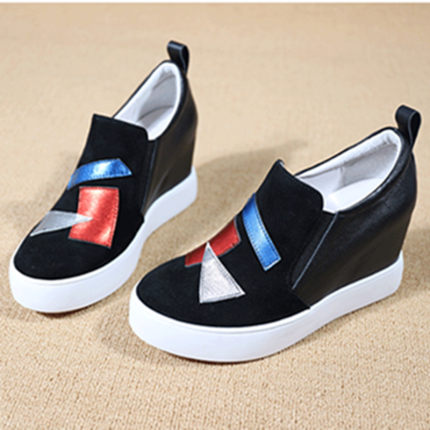 2025万增百丽9cm内增高坡跟皮鞋牛皮一脚蹬小白鞋7cm女休闲单鞋