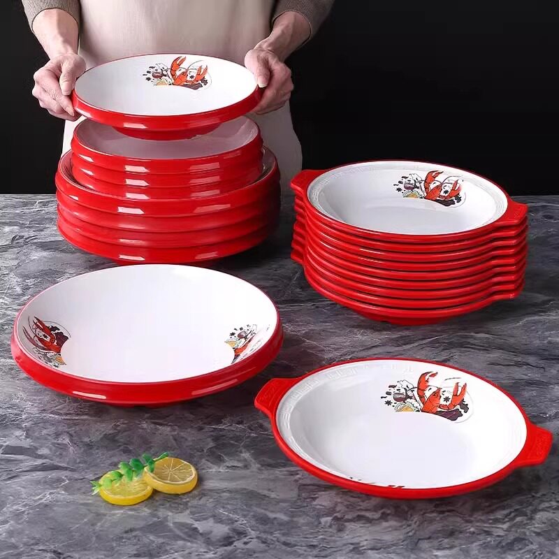 网红密胺创意餐具饭店烧烤小龙虾圆盘专用麻辣香锅特色双耳大盘子
