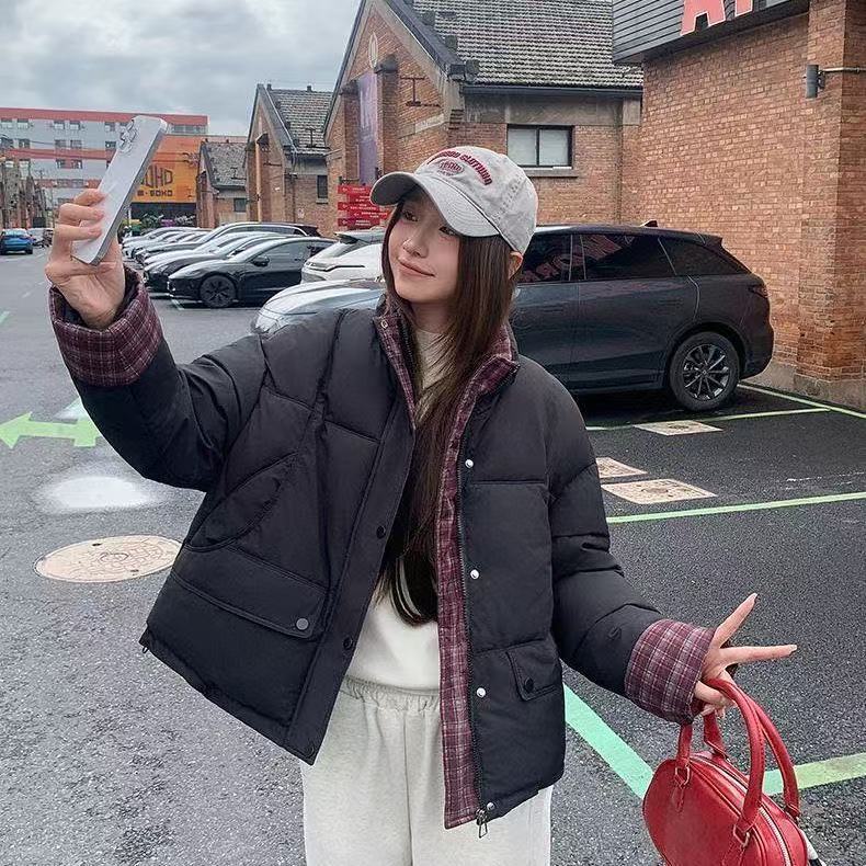 跨境2025女士秋冬季翻领新短款羽绒棉服女宽松休闲面包服夹克