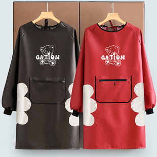 加厚PU皮革围裙长袖 防水防油家用厨房罩衣上班做饭水产工作服印字