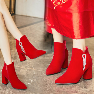 粗跟婚纱鞋 婚靴红色靴子高跟新娘鞋 婚鞋 2022新款 秀禾鞋 女冬季 中式