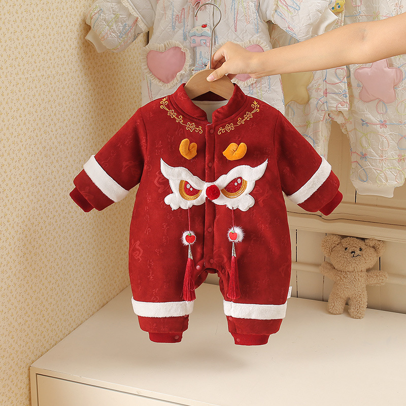 宝宝抓周礼服套装冬季加厚加绒连体衣婴儿生日百天国风喜庆拜年服