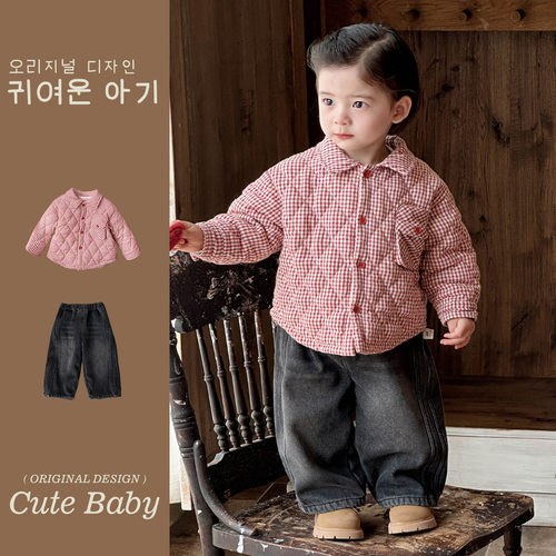 幼禾韩系ins风儿童格子棉衣外套纯棉男宝宝加绒牛仔裤套装两件套1