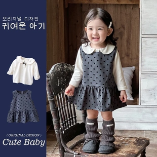 2025新品女幼童套装ins韩版学院风娃娃领打底衫波点连衣裙两件套2