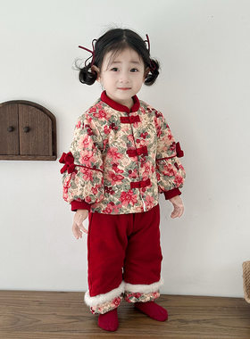 女童花朵印花棉服套装宝宝裤子外套两件套喜庆满月周岁女宝宝礼服