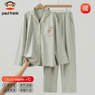 大嘴猴格子印花翻领居家服女可外穿加厚德绒柔软保暖磨毛睡衣套装