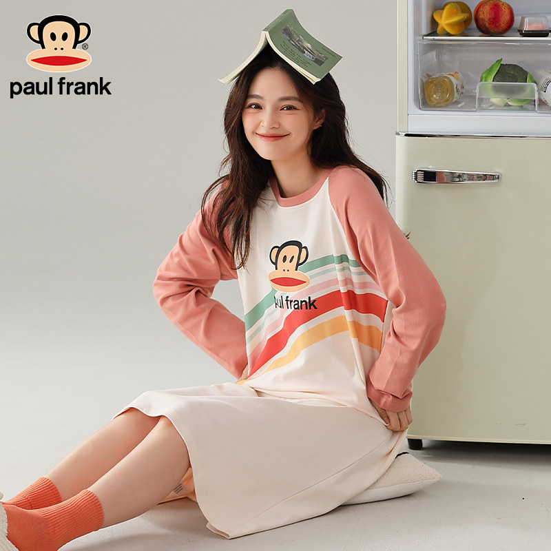 大嘴猴女士睡裙睡衣女春秋精梳纯棉家居服女拼色卡通印花全棉长裙