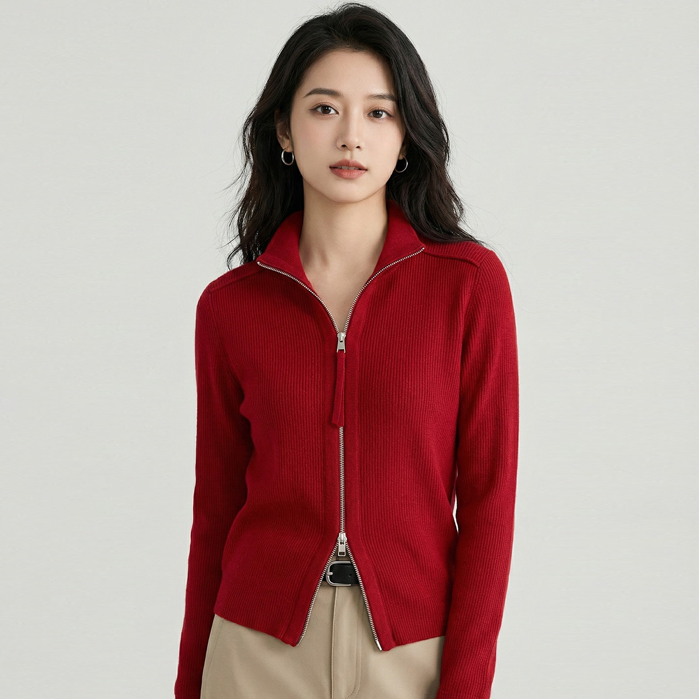 2026早春新款漂亮时尚开衫翻领拉链百搭显瘦针织衫休闲毛衣外套女