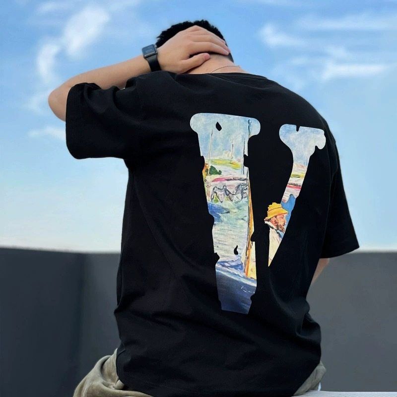 vlone gang油画大V字母宽松纯棉休闲潮牌男女同款情侣套头短袖T恤