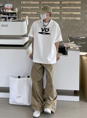 VUJADE宽松高街美潮光盘VD纯棉小领口男女款vibe短袖T恤半袖上衣