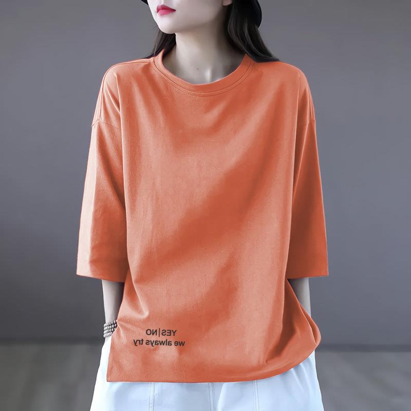 纯棉中七分袖t恤女205夏n季新款文艺宽松大尺码休2闲L28543F 袖T