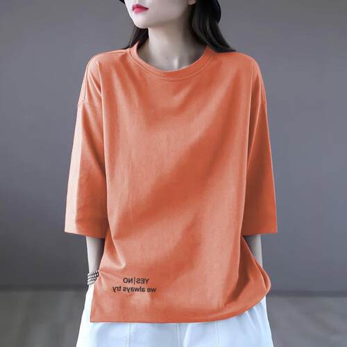 纯棉中七分袖t恤女205夏n季新款文艺宽松大尺码休2闲L28543F 袖T