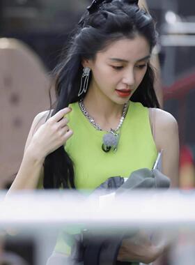 颖同款绿色针织背辣心女2025夏杨搭季修身吊带OFB内无袖妹外穿上