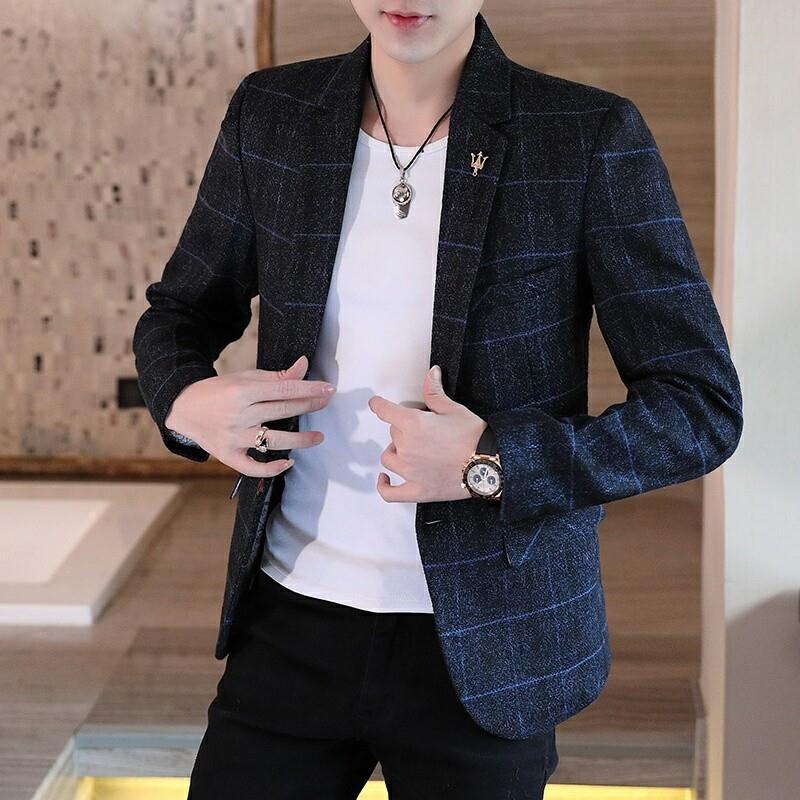 皮尔卡登休闲小西装男士春秋季新款韩版高级感商务格子单西服外套