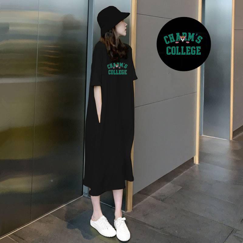 黑色短袖感洋装女季2025年L28737F夏新款设计宽T松休闲印花中长版