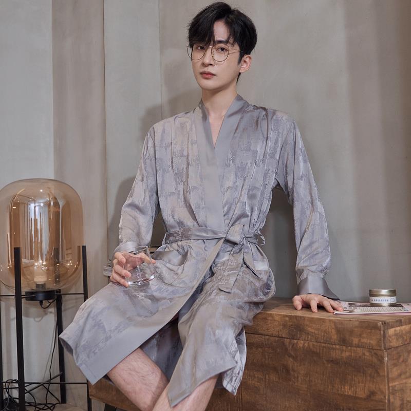 男士春秋款冰丝薄款睡衣高级感丝绸夏季长款睡袍浴袍桑蚕丝家居服