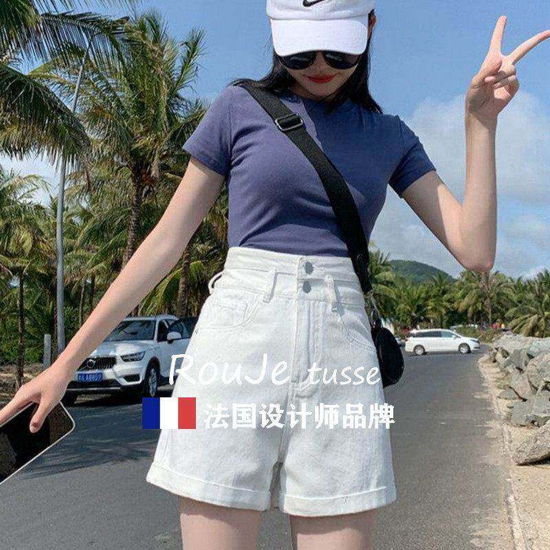 ROJE TUS SE高腰牛仔短裤 白色弹力腿短裤大码女士牛仔短裤 26409