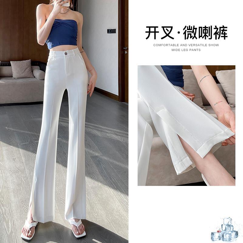 白色西装微喇叭季裤女腰感开叉阔垂腿裤夏薄新款显瘦春T8177秋高
