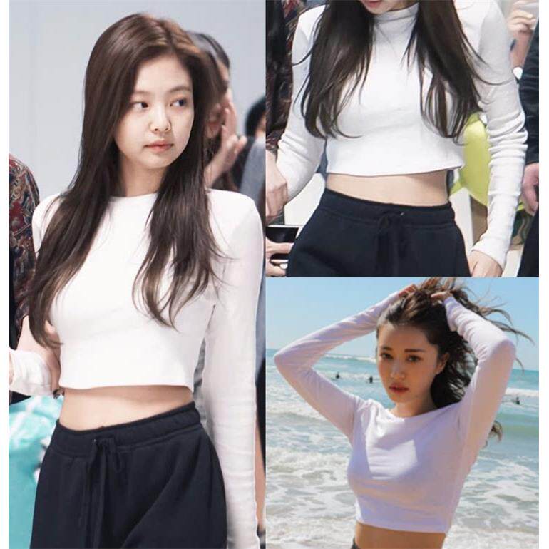 智妮ALC同款韩国紧长袖T恤女漏身肚脐高腰短款修金身露脐衫打底上