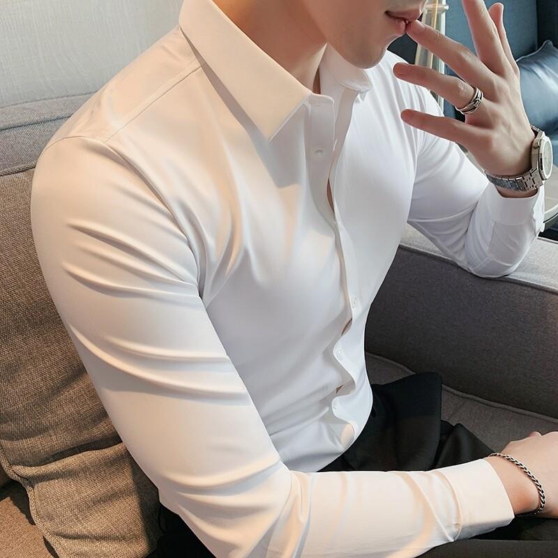 皮尔卡丹高级感无痕长袖衬衫男士弹力免烫抗皱商务正装白色衬衣寸